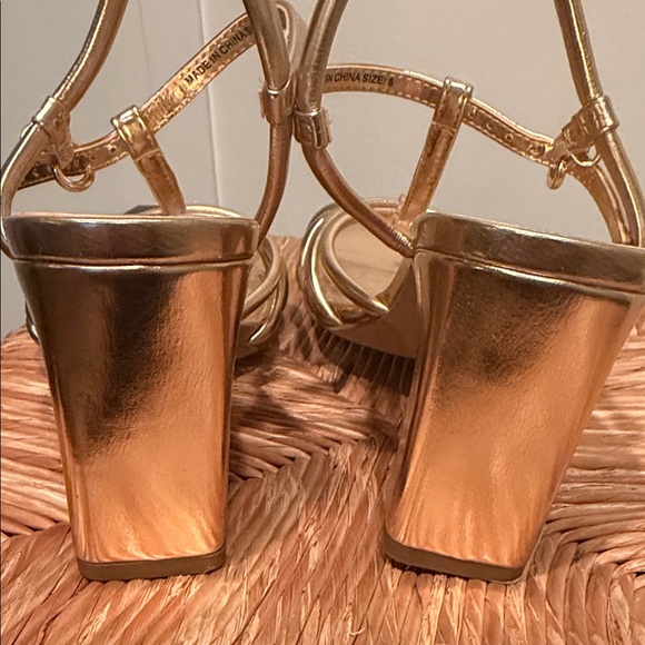 J. Crew Factory Metallic Gold Strappy T‑Bar Block Heel Sandals - Picture 4 of 4
